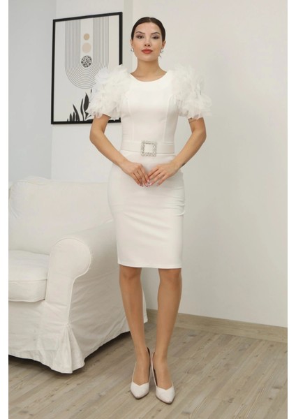 Çiçek Kol Detaylı Kemerli Diz Boyu Elbise 2182-BEYAZ modelleri