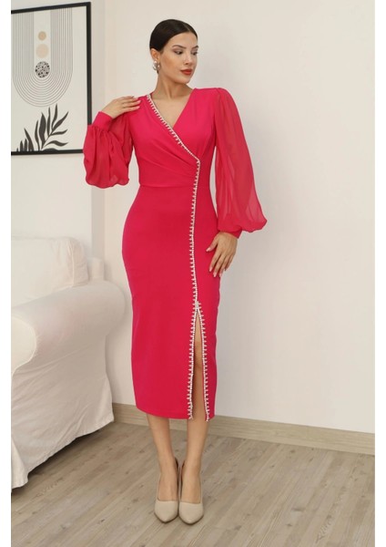Kruvaze Yaka Balon Kol Taş ve Yırtmaç Detaylı Elbise 2237-FUŞYA