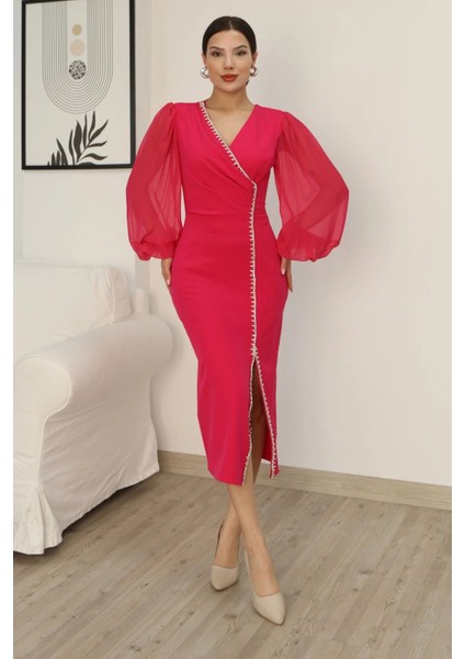Kruvaze Yaka Balon Kol Taş ve Yırtmaç Detaylı Elbise 2237-FUŞYA modelleri
