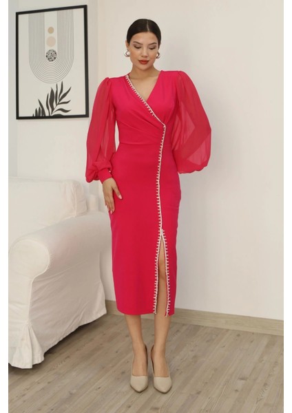 Kruvaze Yaka Balon Kol Taş ve Yırtmaç Detaylı Elbise 2237-FUŞYA fırsatları