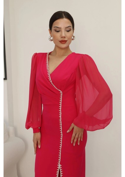 Kruvaze Yaka Balon Kol Taş ve Yırtmaç Detaylı Elbise 2237-FUŞYA indirimleri