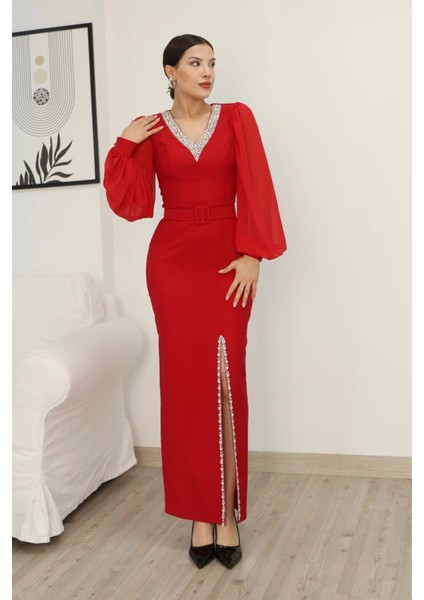 V Yaka Taş Detaylı Yırtmaçlı Balon Kol Abiye Elbise 2332-KIRMIZI
