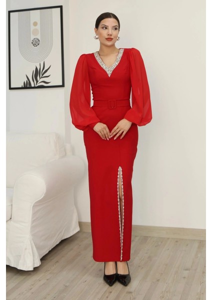 V Yaka Taş Detaylı Yırtmaçlı Balon Kol Abiye Elbise 2332-KIRMIZI modelleri