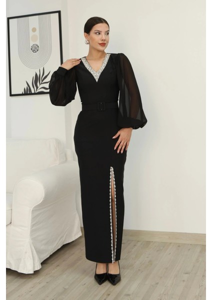 V Yaka Taş Detaylı Yırtmaçlı Balon Kol Abiye Elbise 2332-SIYAH