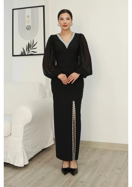 V Yaka Taş Detaylı Yırtmaçlı Balon Kol Abiye Elbise 2332-SIYAH fiyatları