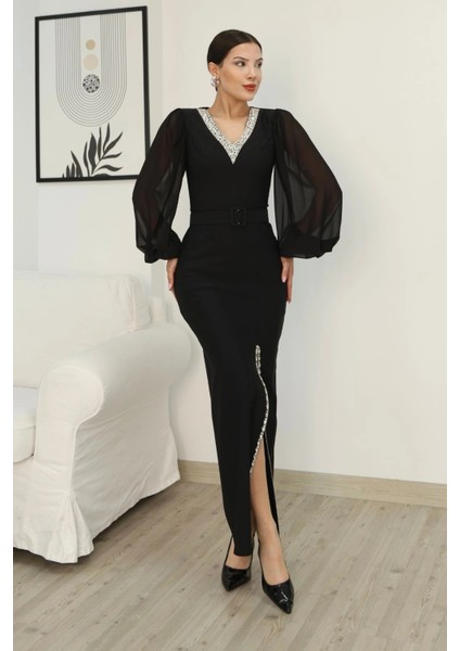 V Yaka Taş Detaylı Yırtmaçlı Balon Kol Abiye Elbise 2332-SIYAH modelleri