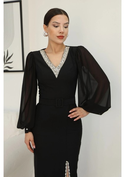 V Yaka Taş Detaylı Yırtmaçlı Balon Kol Abiye Elbise 2332-SIYAH fırsatları