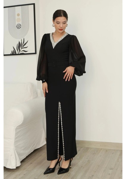 V Yaka Taş Detaylı Yırtmaçlı Balon Kol Abiye Elbise 2332-SIYAH indirimleri