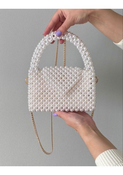 Zincir Askılı Inci Boncuk El ve Omuz Çantası