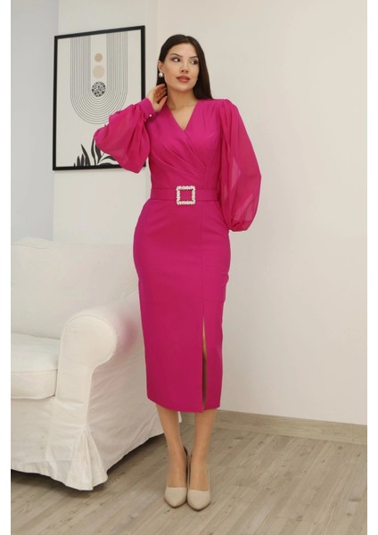 Kruvaze Yaka Balon Kollu Yırtmaçlı Abiye Elbise 2315-FUŞYA