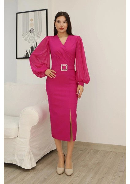 Kruvaze Yaka Balon Kollu Yırtmaçlı Abiye Elbise 2315-FUŞYA fiyatları