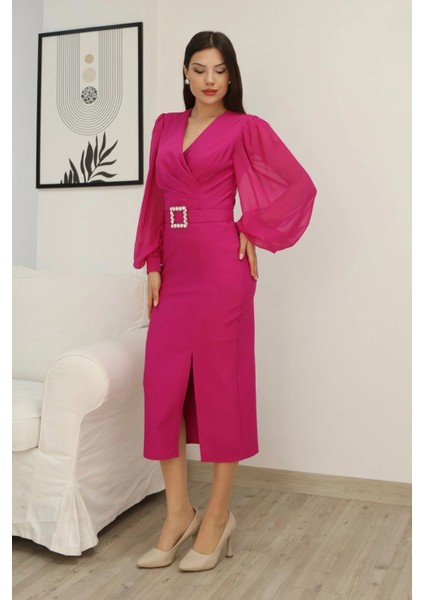 Kruvaze Yaka Balon Kollu Yırtmaçlı Abiye Elbise 2315-FUŞYA modelleri