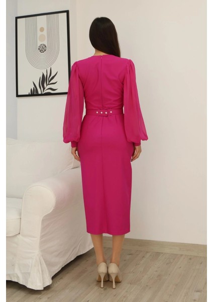 Kruvaze Yaka Balon Kollu Yırtmaçlı Abiye Elbise 2315-FUŞYA indirimleri