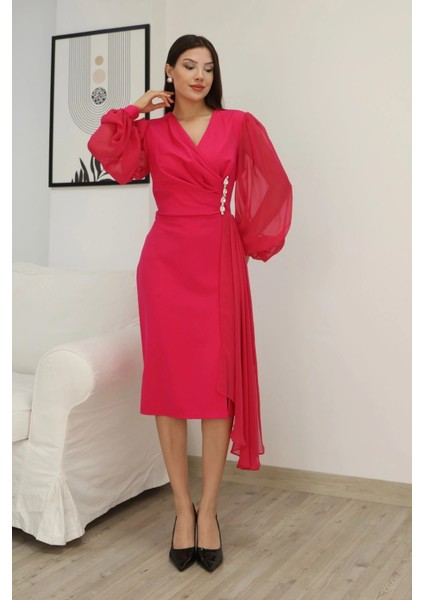 Kruvaze Yaka Bel Şifon Detaylı Balon Kol Abiye Elbise 2263-FUŞYA