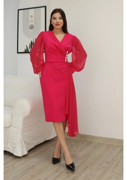 Kruvaze Yaka Bel Şifon Detaylı Balon Kol Abiye Elbise 2263-FUŞYA fiyatları