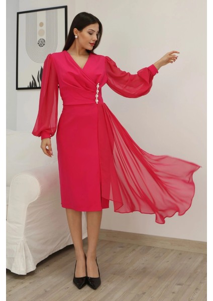 Kruvaze Yaka Bel Şifon Detaylı Balon Kol Abiye Elbise 2263-FUŞYA modelleri