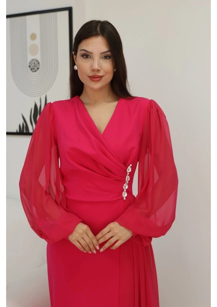 Kruvaze Yaka Bel Şifon Detaylı Balon Kol Abiye Elbise 2263-FUŞYA fırsatları