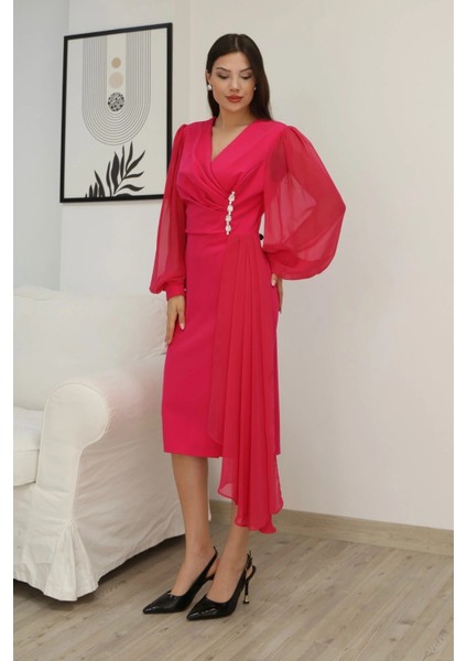Kruvaze Yaka Bel Şifon Detaylı Balon Kol Abiye Elbise 2263-FUŞYA indirimleri