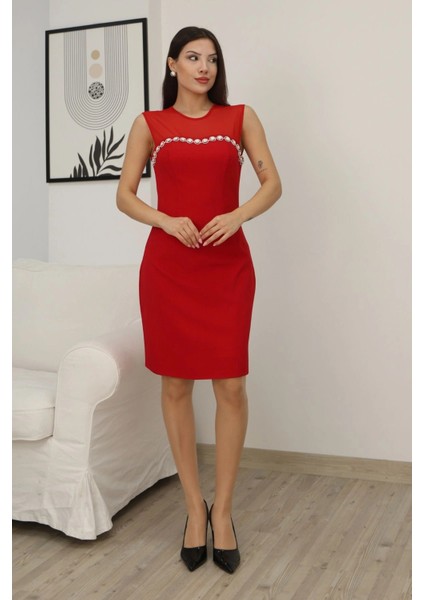 Taş Işleme ve Tül Detaylı Diz Boyu Elbise 2376-KIRMIZI fiyatları