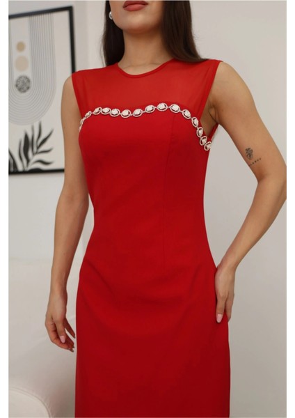 Taş Işleme ve Tül Detaylı Diz Boyu Elbise 2376-KIRMIZI indirimleri