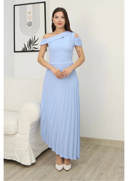 Tek Omuzlu Pilise Detaylı Asimetrik Elbise 2381-BEBE Mavisi