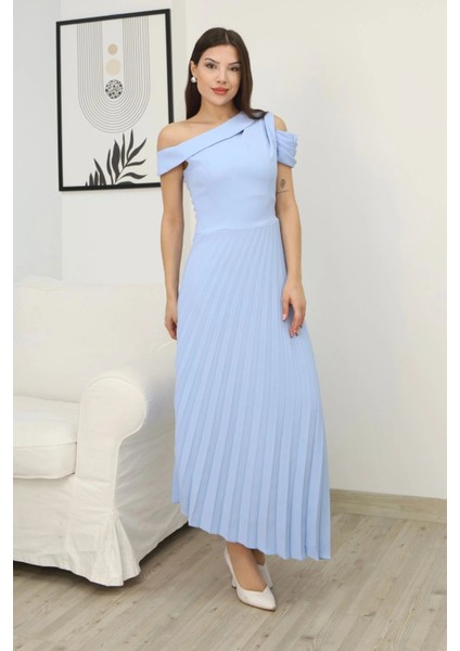 Tek Omuzlu Pilise Detaylı Asimetrik Elbise 2381-BEBE Mavisi fiyatları
