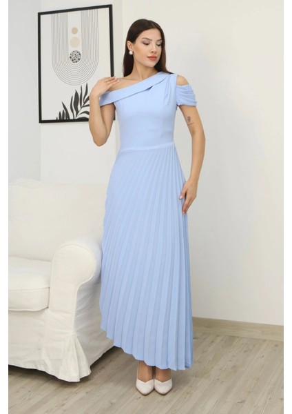 Tek Omuzlu Pilise Detaylı Asimetrik Elbise 2381-BEBE Mavisi modelleri