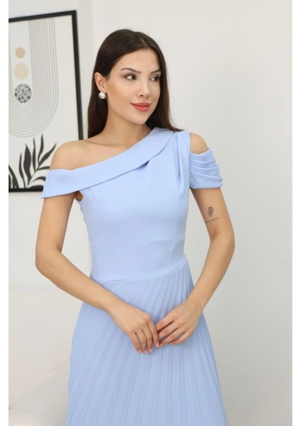 Tek Omuzlu Pilise Detaylı Asimetrik Elbise 2381-BEBE Mavisi indirimleri