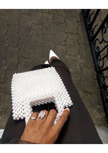 Beyaz Inci Çanta, Dikdörtgen Saplı El Çantası