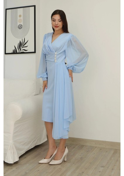 Kruvaze Yaka Bel Şifon Detaylı Balon Kol Abiye Elbise 2263-BEBE Mavisi modelleri