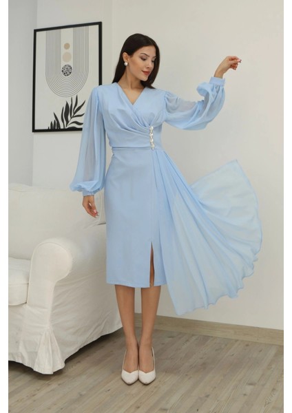 Kruvaze Yaka Bel Şifon Detaylı Balon Kol Abiye Elbise 2263-BEBE Mavisi fırsatları