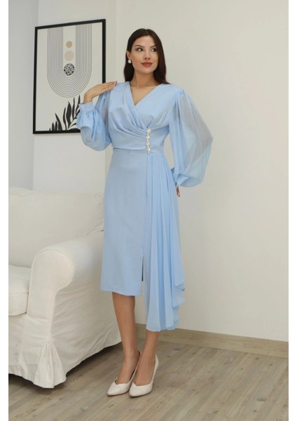 Kruvaze Yaka Bel Şifon Detaylı Balon Kol Abiye Elbise 2263-BEBE Mavisi indirimleri