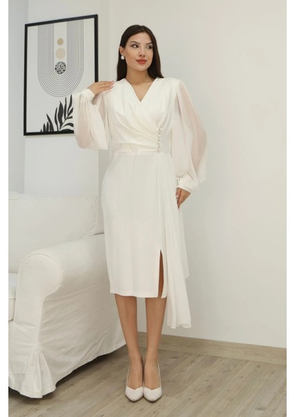 Kruvaze Yaka Bel Şifon Detaylı Balon Kol Abiye Elbise 2263-BEYAZ
