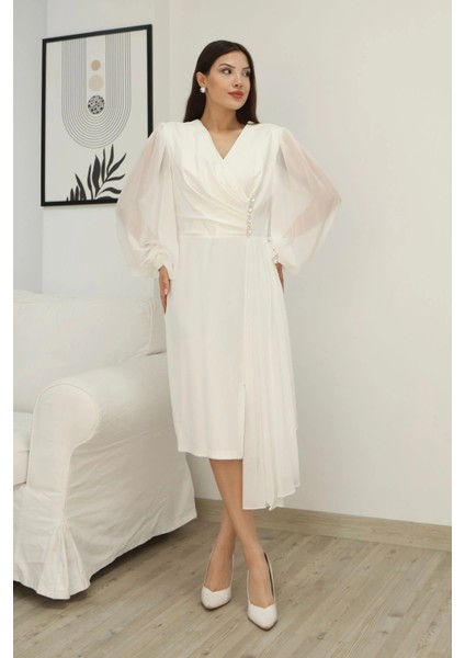 Kruvaze Yaka Bel Şifon Detaylı Balon Kol Abiye Elbise 2263-BEYAZ fiyatları