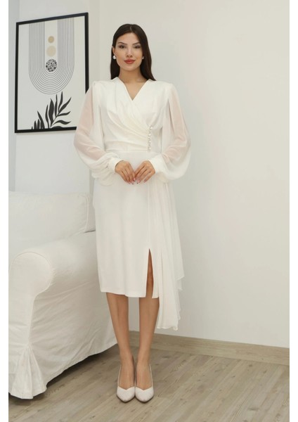 Kruvaze Yaka Bel Şifon Detaylı Balon Kol Abiye Elbise 2263-BEYAZ modelleri