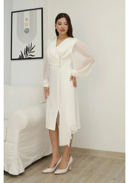 Kruvaze Yaka Bel Şifon Detaylı Balon Kol Abiye Elbise 2263-BEYAZ fırsatları