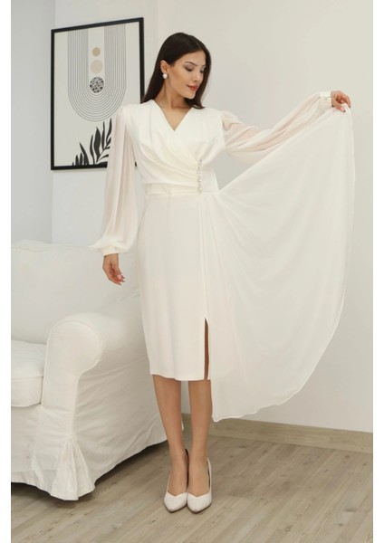 Kruvaze Yaka Bel Şifon Detaylı Balon Kol Abiye Elbise 2263-BEYAZ indirimleri