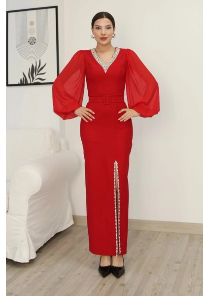 V Yaka Taş Detaylı Yırtmaçlı Balon Kol Abiye Elbise 2332-KIRMIZI fiyatları
