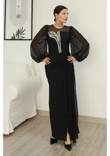 Yakası Tül Bel Detaylı Pile ve Yırtmaçlı Abiye Elbise 2313-SIYAH