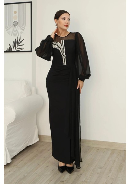 Yakası Tül Bel Detaylı Pile ve Yırtmaçlı Abiye Elbise 2313-SIYAH fiyatları