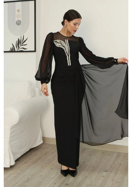 Yakası Tül Bel Detaylı Pile ve Yırtmaçlı Abiye Elbise 2313-SIYAH modelleri