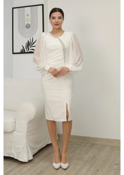 Taş Işlemeli Balon Kollu Pileli Midi Elbise 2334-BEYAZ fiyatları