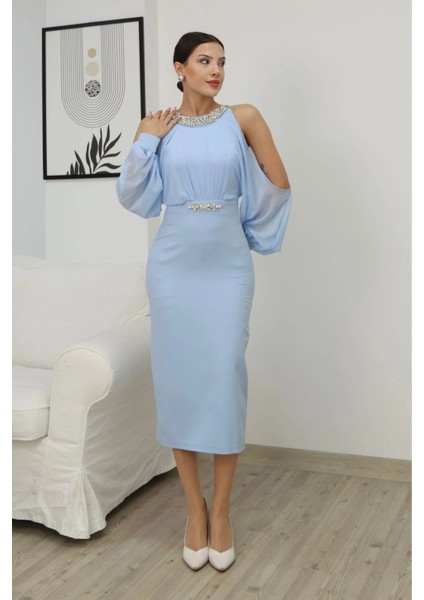 Omzu Açık Balon Kol Taş Detaylı Abiye Elbise 2261-BEBE Mavisi