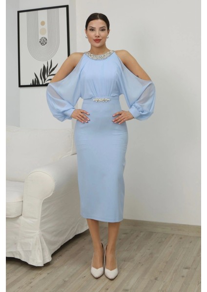 Omzu Açık Balon Kol Taş Detaylı Abiye Elbise 2261-BEBE Mavisi fiyatları