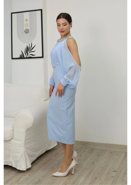 Omzu Açık Balon Kol Taş Detaylı Abiye Elbise 2261-BEBE Mavisi modelleri