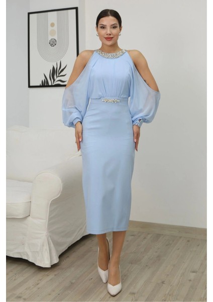 Omzu Açık Balon Kol Taş Detaylı Abiye Elbise 2261-BEBE Mavisi fırsatları