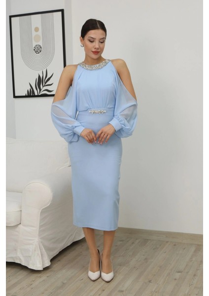 Omzu Açık Balon Kol Taş Detaylı Abiye Elbise 2261-BEBE Mavisi indirimleri
