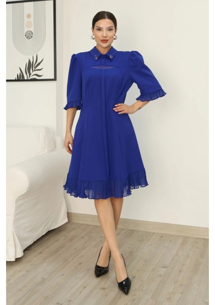 Gömlek Yaka Fırfır ve Tül Detaylı Elbise 2309-SAKS