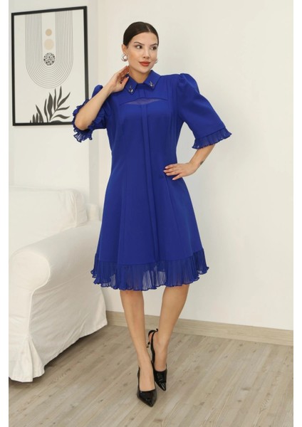 Gömlek Yaka Fırfır ve Tül Detaylı Elbise 2309-SAKS fiyatları