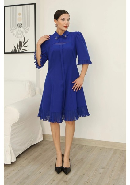 Gömlek Yaka Fırfır ve Tül Detaylı Elbise 2309-SAKS modelleri